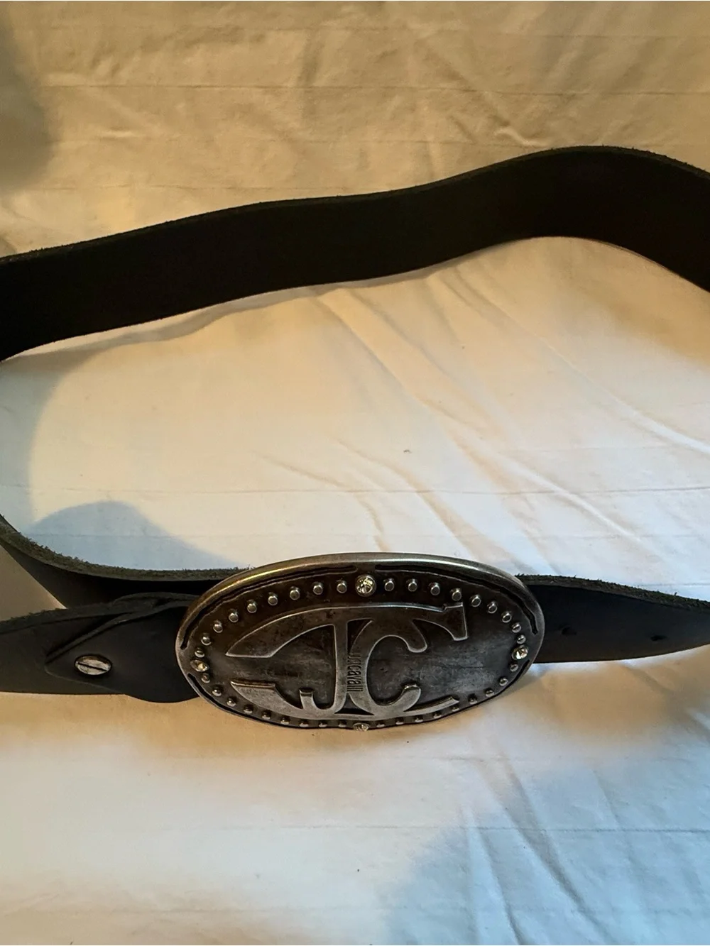 Just Cavalli Distressed Silver Oval Logo Buckle with Black Strap